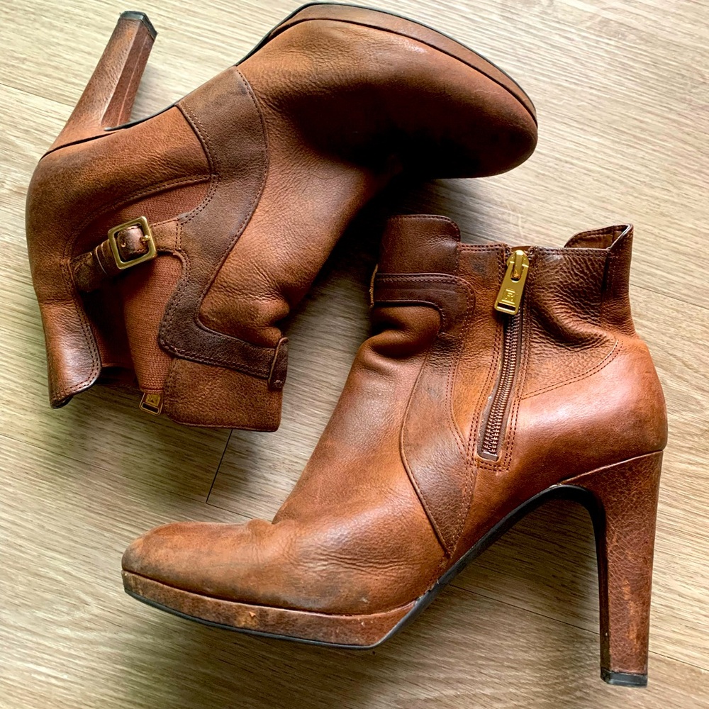 Brown leather heel boots